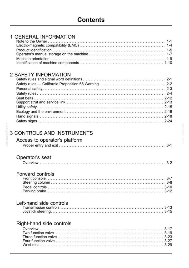 May include: A white document titled "Contents" with a detailed table of contents for a machine's manual. Sections include general and safety information, controls, and instruments.
