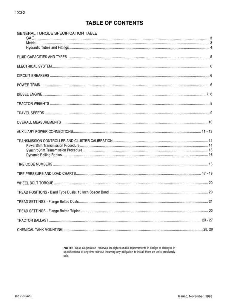 Peut inclure: Une page blanche avec le titre "TABLE DES MATI&Egrave;RES" et une liste de sujets, notamment "TABLEAU G&Eacute;N&Eacute;RAL DES SP&Eacute;CIFICATIONS DE COUPLE", "CAPACIT&Eacute;S ET TYPES DE FLUIDES" et "SYST&Egrave;ME &Eacute;LECTRIQUE". Le document est dat&eacute; de novembre 1995.
