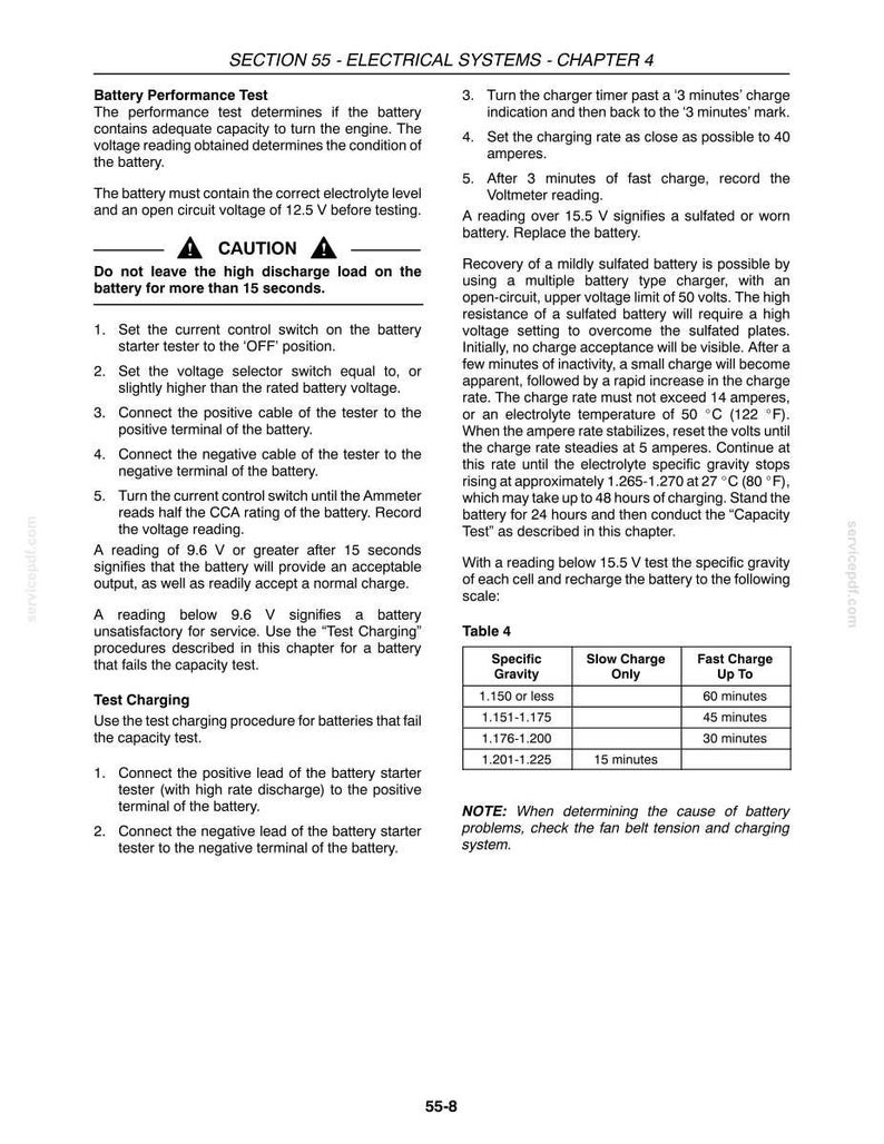 May include: A technical document page titled Section 55 - Electrical Systems - Chapter 4, containing instructions for battery performance tests, charging procedures, and a table detailing specific gravity values for slow and fast charge durations.