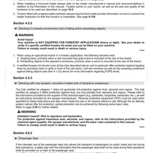 May include: A page from a technical manual titled 2-SAFETY INFORMATION, containing sections 4.5.1, 4.5.2, 4.5.3, and 4.6.2. The text details safety hazards for front-end loaders, forestry applications, crop sprayers, and passenger seat usage on tractors.
