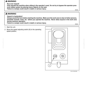 Puede incluir: Diagrama de los controles de la m&aacute;quina con una palanca y un interruptor marcado (1). El texto incluye advertencias de seguridad sobre riesgos de atropello y transe&uacute;ntes. Se proporcionan instrucciones para arrancar la unidad y ajustar la velocidad.