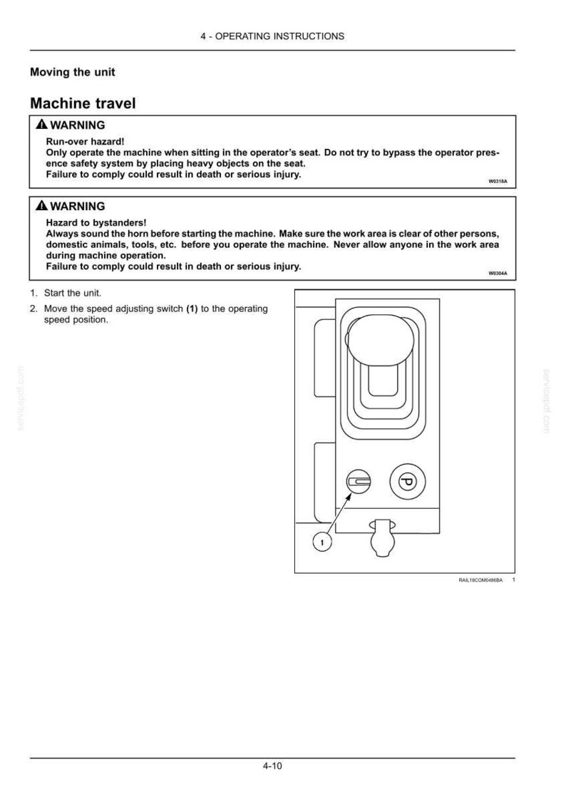 Puede incluir: Diagrama de los controles de la m&aacute;quina con una palanca y un interruptor marcado (1). El texto incluye advertencias de seguridad sobre riesgos de atropello y transe&uacute;ntes. Se proporcionan instrucciones para arrancar la unidad y ajustar la velocidad.