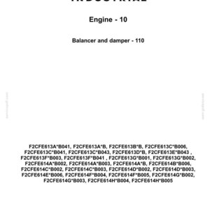 May include: A white background features the black CNH INDUSTRIAL logo above the text "Engine - 10" and "Balancer and damper - 110." Below, a list of part numbers is displayed. The image is a technical document.