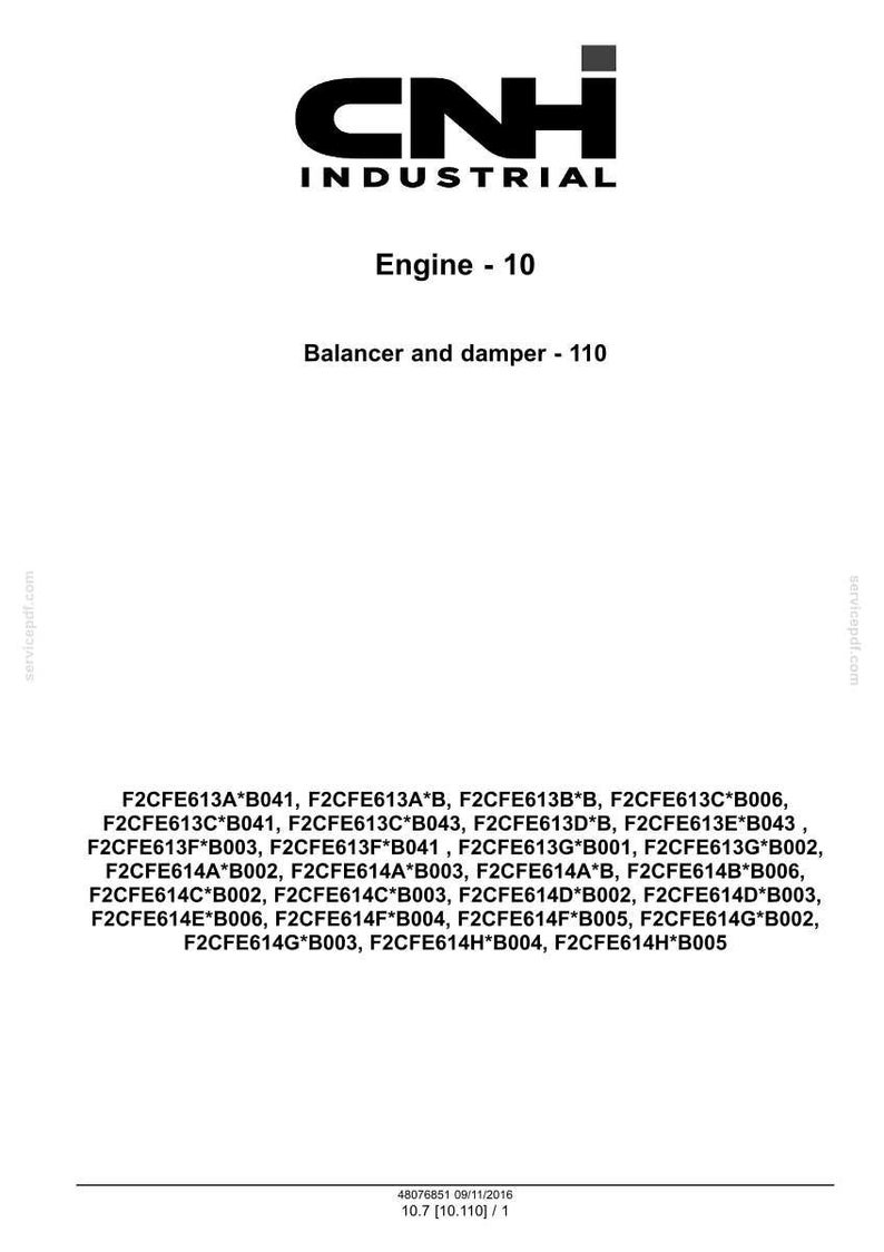 May include: A white background features the black CNH INDUSTRIAL logo above the text "Engine - 10" and "Balancer and damper - 110." Below, a list of part numbers is displayed. The image is a technical document.