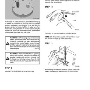 May include: Diagram of hydraulic system maintenance steps. Includes illustrations of components like the air relief plug, rubber cover, and lubrication hose. Text provides instructions for releasing pressure and disconnecting parts. Safety warnings are also included.