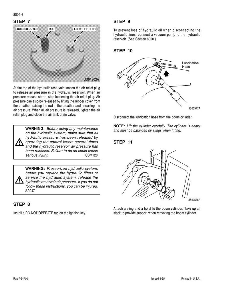 May include: Diagram of hydraulic system maintenance steps. Includes illustrations of components like the air relief plug, rubber cover, and lubrication hose. Text provides instructions for releasing pressure and disconnecting parts. Safety warnings are also included.