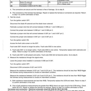 May include: Diagram of electrical systems fault codes, including a schematic legend with connector and pin details. Instructions for testing circuits and measuring resistance are also provided. The document includes troubleshooting steps and references to related schematics.
