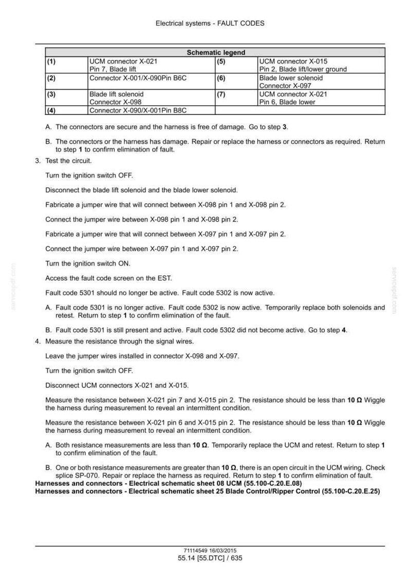 May include: Diagram of electrical systems fault codes, including a schematic legend with connector and pin details. Instructions for testing circuits and measuring resistance are also provided. The document includes troubleshooting steps and references to related schematics.