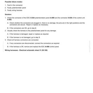 May include: A technical document titled "Electrical systems - FAULT CODES" details troubleshooting steps for a "Rear lift control panel disconnected" error. The document lists possible failure modes and a solution with step-by-step instructions.