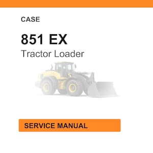 May include: White background with the word "CASE" at the top. Below, the text reads "851 EX Tractor Loader." A faded image of a yellow tractor loader is in the center. The words "SERVICE MANUAL" are in an orange rectangle at the bottom.