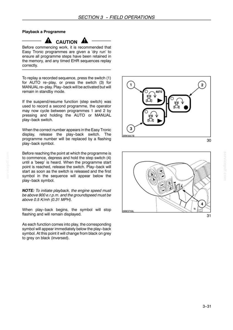May include: A technical manual page titled SECTION 3 - FIELD OPERATIONS, detailing instructions for Playback a Programme. It includes diagrams of switches labeled 1, 2, 3, and 4, with text explaining the AUTO and MANUAL re-play functions.