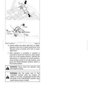May include: A technical diagram labeled Figure 75 showing operating instructions for a foot pedal mechanism. It includes illustrations of the pedal in locked and unlocked positions, with text explaining how to operate the attachment and safety warnings.