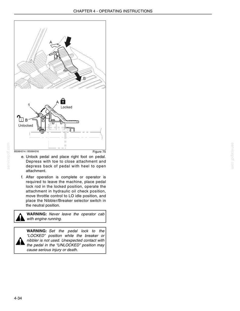 May include: A technical diagram labeled Figure 75 showing operating instructions for a foot pedal mechanism. It includes illustrations of the pedal in locked and unlocked positions, with text explaining how to operate the attachment and safety warnings.