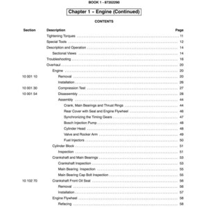 May include: A page from a manual titled "SECTION 10 - ENGINE" with a table of contents. The table lists engine-related topics such as "Tightening Torques," "Cylinder Head," and "Fuel Injectors." The page number is listed next to each topic.