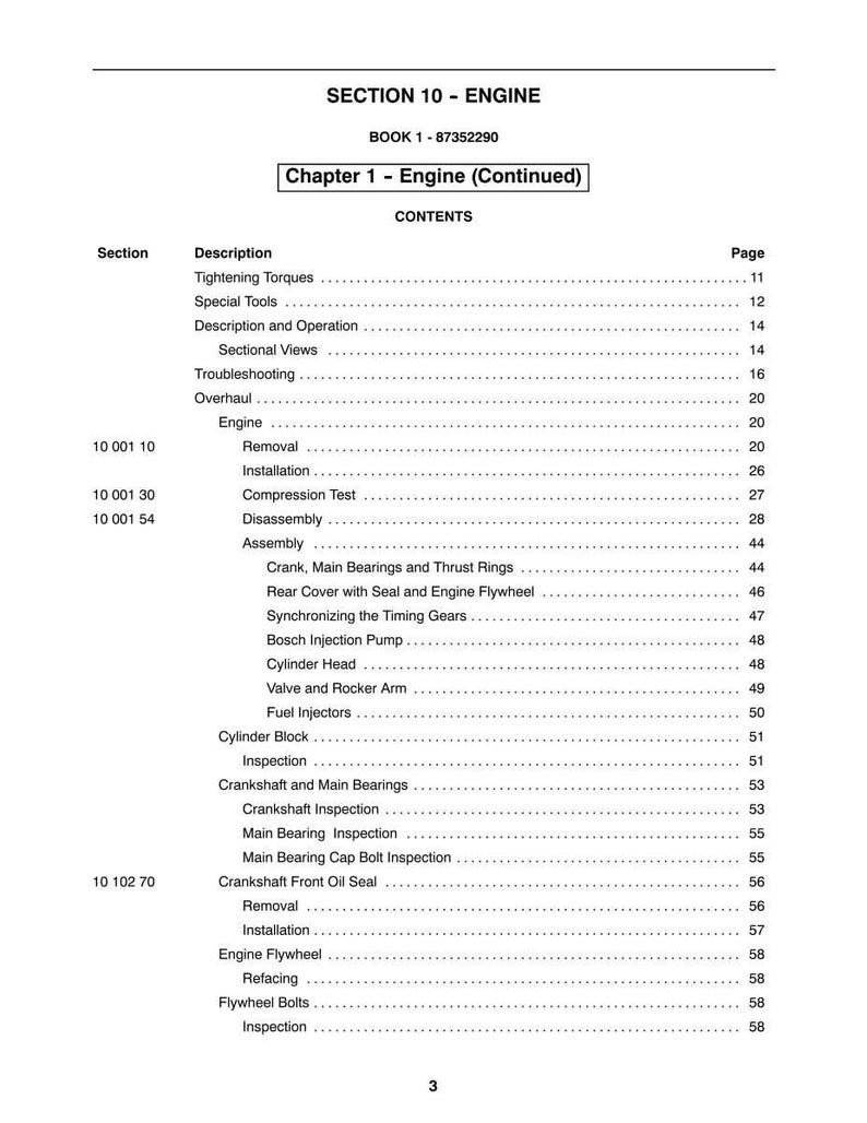 May include: A page from a manual titled "SECTION 10 - ENGINE" with a table of contents. The table lists engine-related topics such as "Tightening Torques," "Cylinder Head," and "Fuel Injectors." The page number is listed next to each topic.