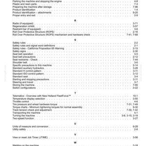 May include: A black and white page from a technical manual index, featuring alphabetical headings from P to W. The text lists various machine operation and maintenance topics, including safety rules, seat belt precautions, and telematics, with page numbers.
