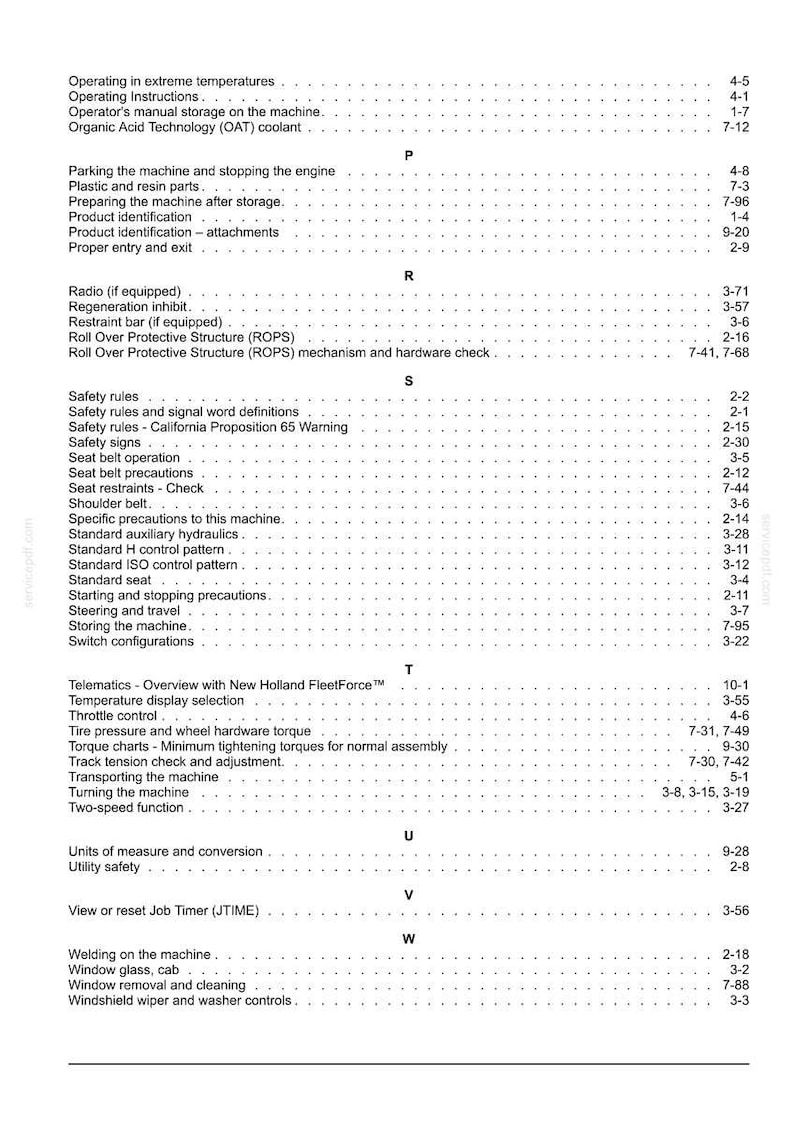 May include: A black and white page from a technical manual index, featuring alphabetical headings from P to W. The text lists various machine operation and maintenance topics, including safety rules, seat belt precautions, and telematics, with page numbers.