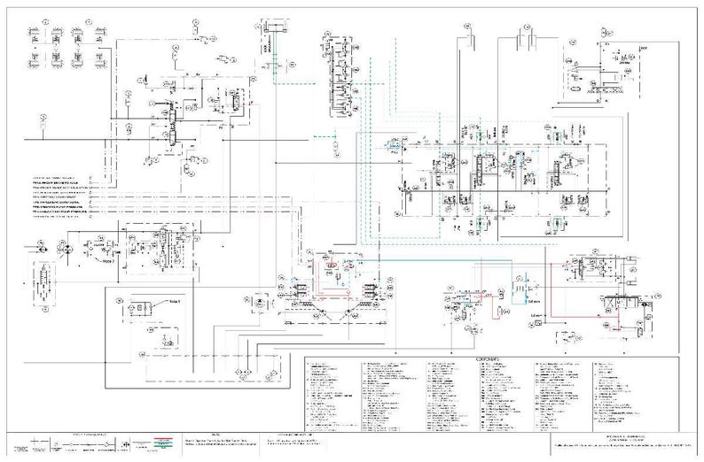 May include: A detailed technical diagram with numerous lines, symbols, and annotations. The diagram is primarily black and white, with some colored lines in blue and red. It appears to be a schematic or blueprint, likely for an electrical or mechanical system.