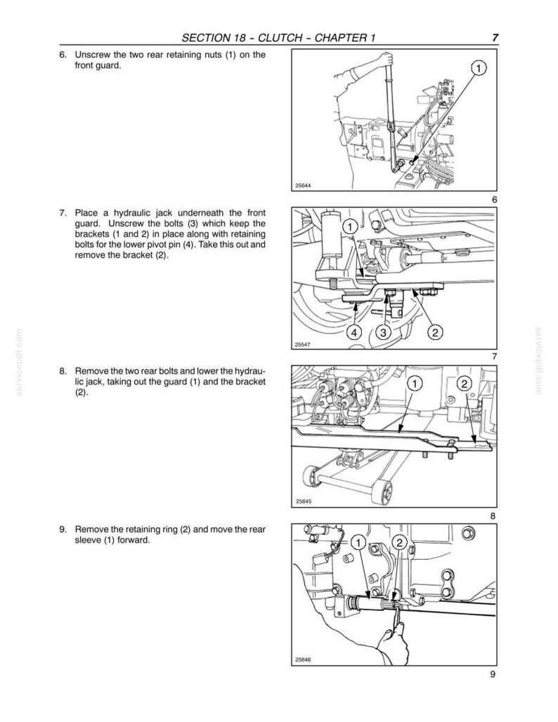 May include: A technical manual page titled SECTION 18 - CLUTCH - CHAPTER 1, featuring four black and white line drawings with numbered steps. The diagrams illustrate mechanical procedures for removing a front guard, brackets, and a rear sleeve.