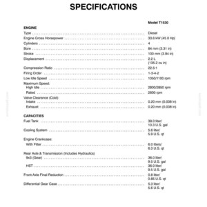May include: A technical document titled Section 4 Specifications for Model T1530, listing engine details like 33.6 kW horsepower, 4 cylinders, 2.2 L displacement, and various fluid capacities in liters and U.S. gallons, including fuel and cooling systems.