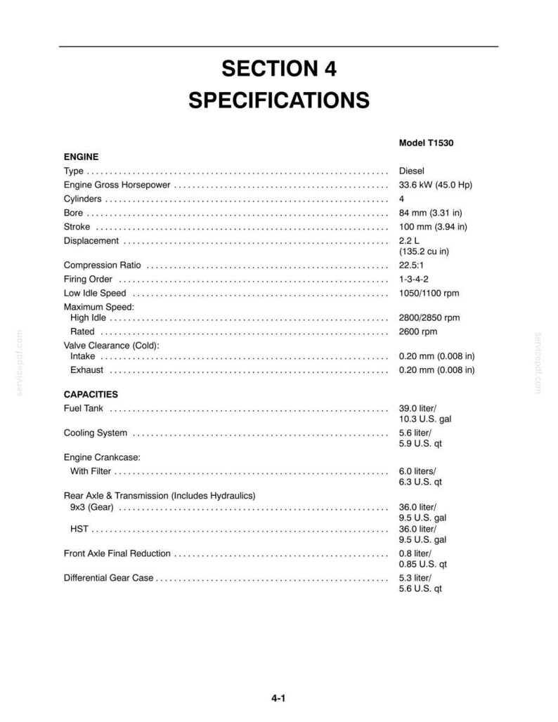 May include: A technical document titled Section 4 Specifications for Model T1530, listing engine details like 33.6 kW horsepower, 4 cylinders, 2.2 L displacement, and various fluid capacities in liters and U.S. gallons, including fuel and cooling systems.