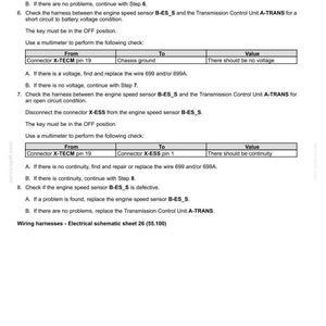 May include: A white document with black text detailing electrical system fault codes. The document includes instructions for checking connectors, harnesses, and sensors, with specific steps and values for multimeter readings. The document is titled "Electrical systems - FAULT CODES."