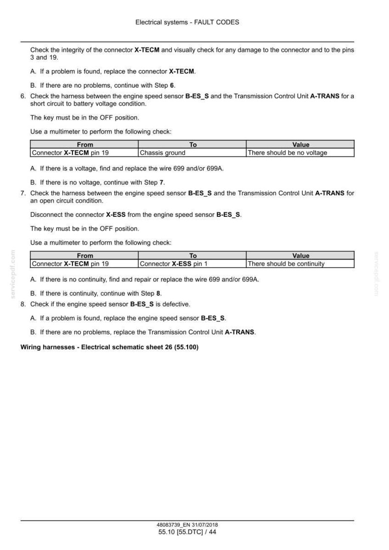 May include: A white document with black text detailing electrical system fault codes. The document includes instructions for checking connectors, harnesses, and sensors, with specific steps and values for multimeter readings. The document is titled "Electrical systems - FAULT CODES."