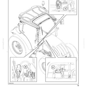 K&ouml;nnte beinhalten: Eine technische Strichzeichnung aus einem Handbuch mit dem Titel SECTION 55 - ELECTRICAL SYSTEM - CHAPTER 1. Sie zeigt eine Traktorkabine mit drei mit T, U und V beschrifteten Einsch&uuml;ben, die elektrische Bauteile und Einbaupunkte zeigen.