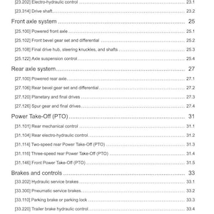 May include: A detailed page from a manual, featuring a table of contents with various automotive system components. Sections include Four-Wheel Drive, Front and Rear Axle systems, Power Take-Off, Brakes, and Hydraulic systems. The page is black and white.
