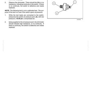 May include: A technical document page titled Electrical system - Test - Engine Oil Pressure Switch. It includes instructions for using an ohmmeter on a switch, a diagram of the switch with numbered parts 1, 2, and 3, and a note regarding 10-30 psi.