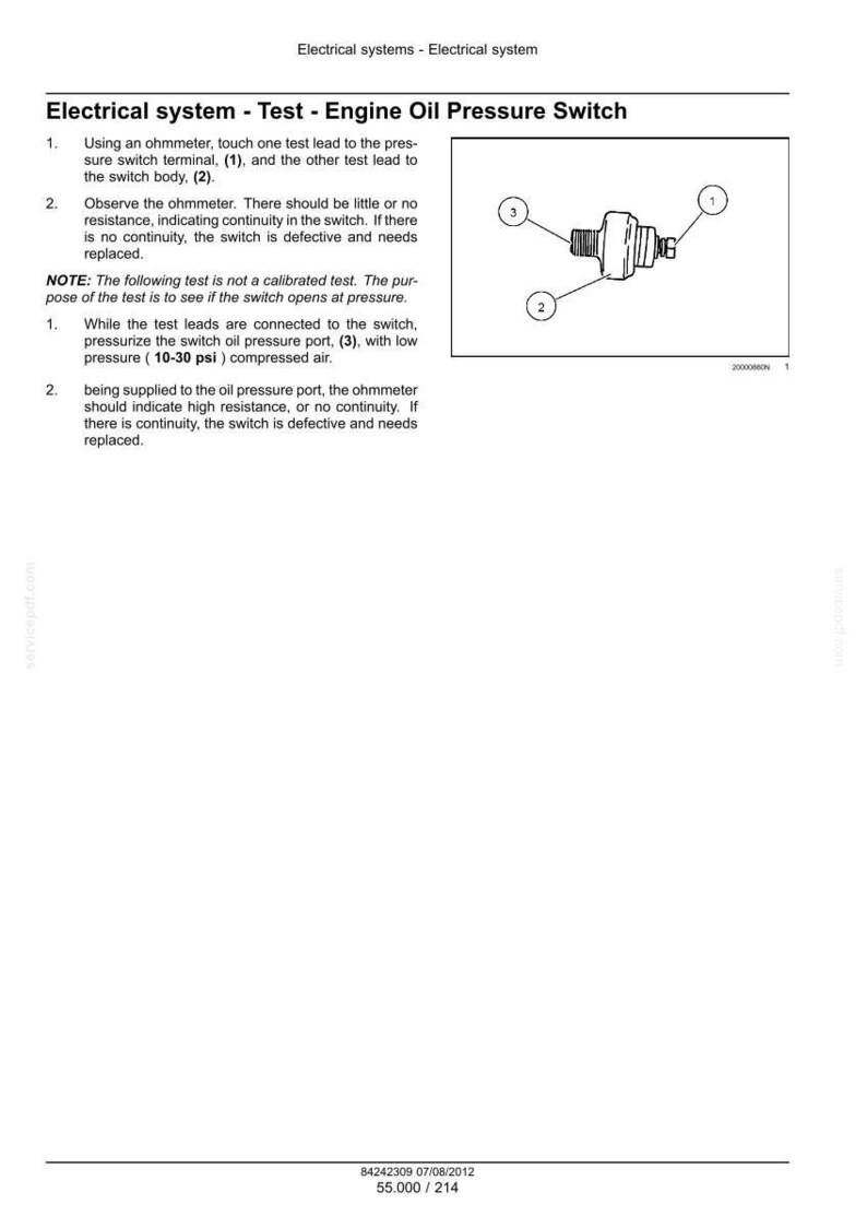 May include: A technical document page titled Electrical system - Test - Engine Oil Pressure Switch. It includes instructions for using an ohmmeter on a switch, a diagram of the switch with numbered parts 1, 2, and 3, and a note regarding 10-30 psi.