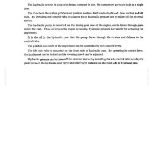 May include: A printed page with the title "DESCRIPTION" at the top. The text describes the hydraulic system, its functions, and components. Includes details about the hydraulic pump, control levers, and valve locations. The document is labeled "8001-3" and "Rac 8-92830".
