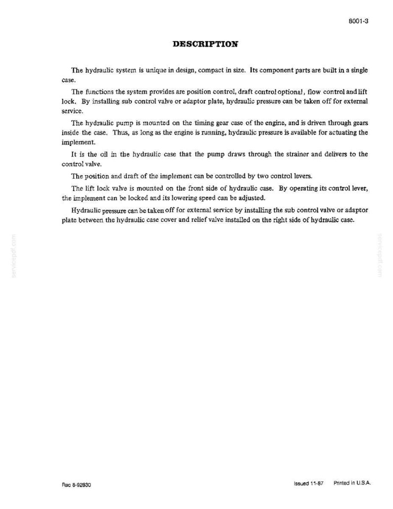 May include: A printed page with the title "DESCRIPTION" at the top. The text describes the hydraulic system, its functions, and components. Includes details about the hydraulic pump, control levers, and valve locations. The document is labeled "8001-3" and "Rac 8-92830".