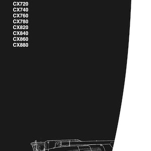 May include: A black and white repair manual cover with the text "REPAIR MANUAL" at the top. Below, it lists "NEW HOLLAND" and several model numbers: CX720, CX740, CX760, CX780, CX820, CX840, CX860, and CX880. A line drawing of a combine harvester is at the bottom.