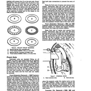 May include: Diagram of tractor axle components, including roller thrust bearings and steering stops. The image includes detailed illustrations of parts labeled A, B, C, and D, with measurements in inches and millimeters.