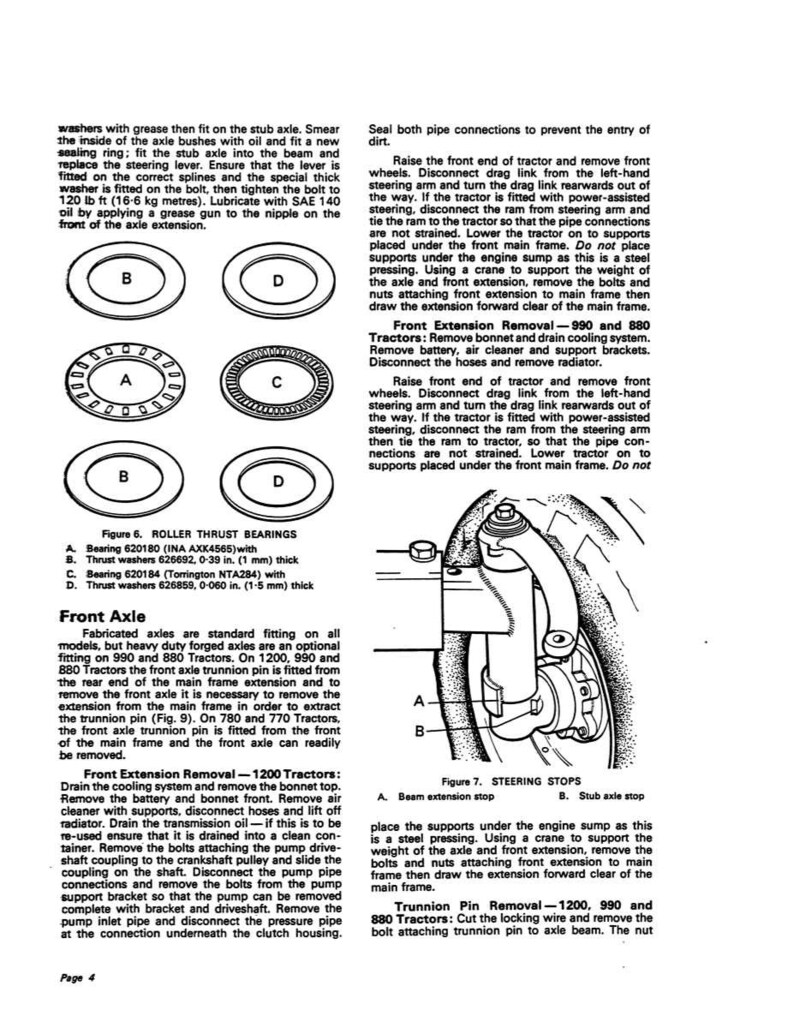 May include: Diagram of tractor axle components, including roller thrust bearings and steering stops. The image includes detailed illustrations of parts labeled A, B, C, and D, with measurements in inches and millimeters.
