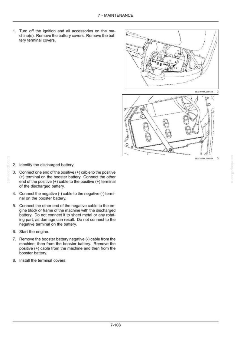 May include: Diagram of car battery maintenance instructions. The image shows a step-by-step guide with illustrations and text, including connecting cables and starting the engine. The text includes the title "7 - MAINTENANCE".