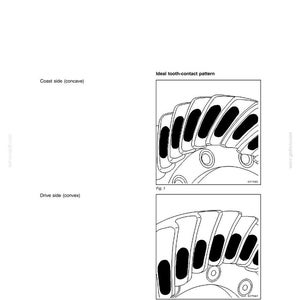 May include: A technical handbook page with the title "GLEASON Toothing Surface Appearances." The page includes diagrams labeled "Fig. 1" and "Fig. 2" illustrating ideal tooth-contact patterns, with text indicating "Coast side (concave)" and "Drive side (convex)."