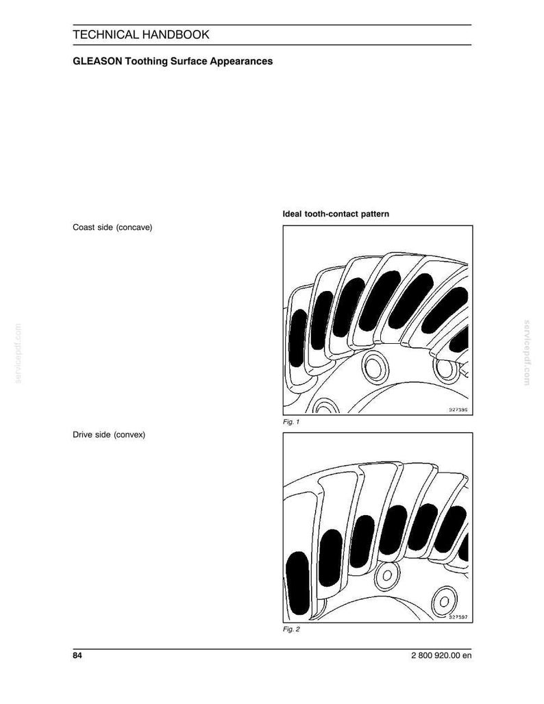 May include: A technical handbook page with the title "GLEASON Toothing Surface Appearances." The page includes diagrams labeled "Fig. 1" and "Fig. 2" illustrating ideal tooth-contact patterns, with text indicating "Coast side (concave)" and "Drive side (convex)."