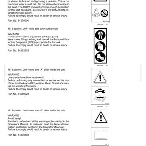 May include: A technical document page titled 2-SAFETY INFORMATION featuring four distinct safety warning labels. Each label includes black and white icons depicting hazards, protective gear, and operational instructions with part numbers 84270900, 84275352, 84269928, and 84270888.