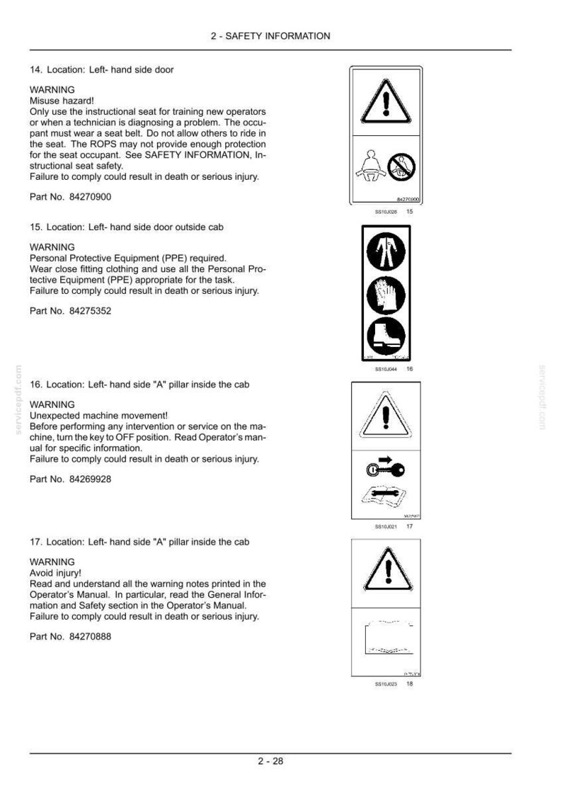 May include: A technical document page titled 2-SAFETY INFORMATION featuring four distinct safety warning labels. Each label includes black and white icons depicting hazards, protective gear, and operational instructions with part numbers 84270900, 84275352, 84269928, and 84270888.
