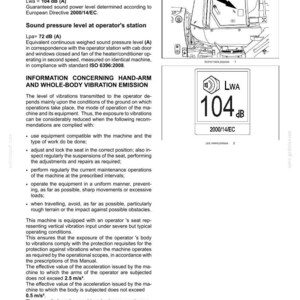 Może przedstawiać: Strona dokumentacji technicznej zatytułowana 2-SAFETY INFORMATION, szczeg&oacute;łowo opisująca poziomy emisji hałasu. Zawiera schemat kabiny maszyny z etykietą poziomu mocy akustycznej 104 dB oraz odniesienie do dyrektywy europejskiej 2000/14/WE.