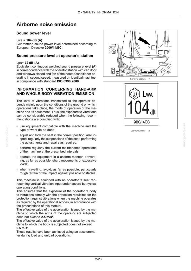 Może przedstawiać: Strona dokumentacji technicznej zatytułowana 2-SAFETY INFORMATION, szczeg&oacute;łowo opisująca poziomy emisji hałasu. Zawiera schemat kabiny maszyny z etykietą poziomu mocy akustycznej 104 dB oraz odniesienie do dyrektywy europejskiej 2000/14/WE.
