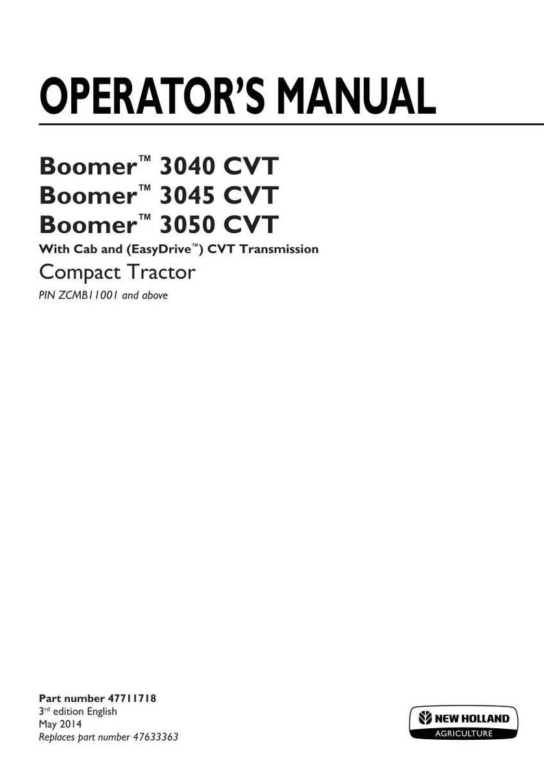 New Holland Boomer 3040 Cvt, 3045 CVT, 3050 CVT Compact Tractor Operator Owners Operation Manual | Instant PDF Download image 3
