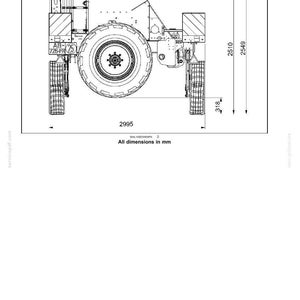 May include: Line drawing of a tractor, viewed from the rear, with dimensions in millimeters. The image includes the text "INTRODUCTION" and "All dimensions in mm". The tractor's height is 2549 mm, width is 2995 mm, and tire diameter is 318 mm.