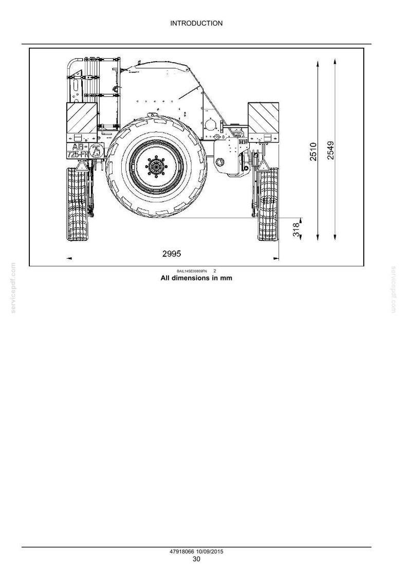 May include: Line drawing of a tractor, viewed from the rear, with dimensions in millimeters. The image includes the text "INTRODUCTION" and "All dimensions in mm". The tractor's height is 2549 mm, width is 2995 mm, and tire diameter is 318 mm.