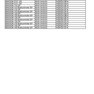 May include: A table of product information labeled "Link Product / Engine." The table lists product names like MAXXUM CVT 110 and MAXXUM 140 EP, market product, and engine codes. The market product is North America.