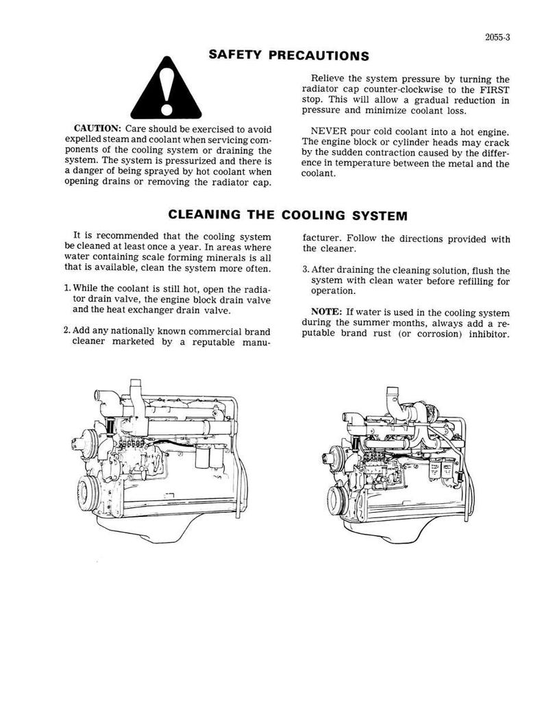 May include: A page from a manual with safety precautions and instructions for cleaning a cooling system. The text includes warnings and steps for maintenance, along with line drawings of an engine.