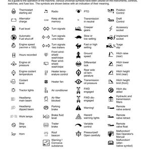May include: Diagram of international symbols used on machinery, including symbols for lights, engine functions, and warnings. The guide includes symbols for tractor lights, turn signals, and brake functions. The text "International symbols" is at the top.