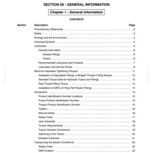Pu&ograve; includere: Un documento stampato intitolato "COMPLETE CONTENTS" con un sommario. La tabella elenca sezioni come "Sicurezza", "Lubrificazione" e "Requisiti del trattore". Il documento &egrave; una guida o un manuale.